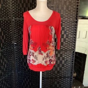 free people red butterfly floral top size med 3/4 sleeve